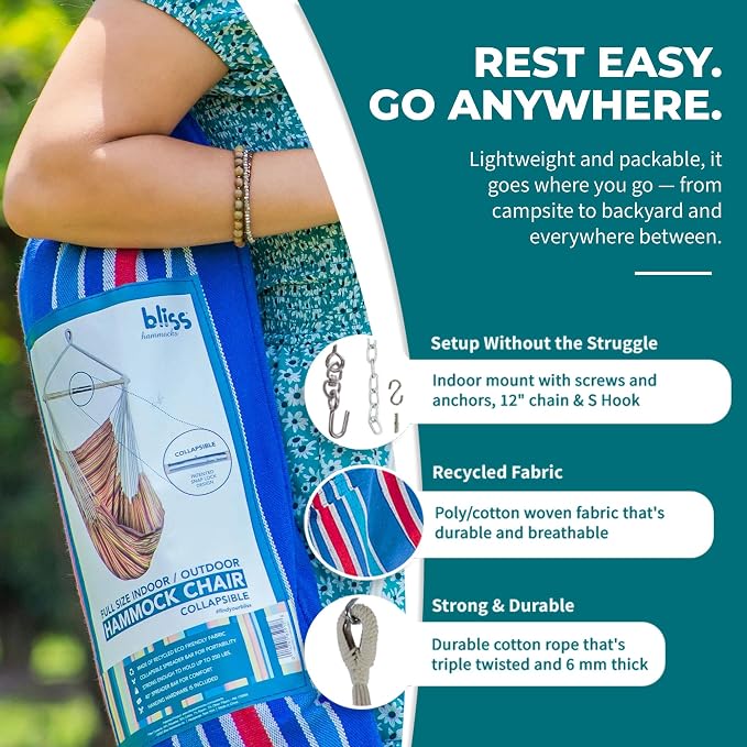 Bliss Hammocks WM-412F_2 | Hammock Chair with Collapsible Push-Pin Spreader Bar | Polyester | Multi Color Patriotic Stripe - Image 5