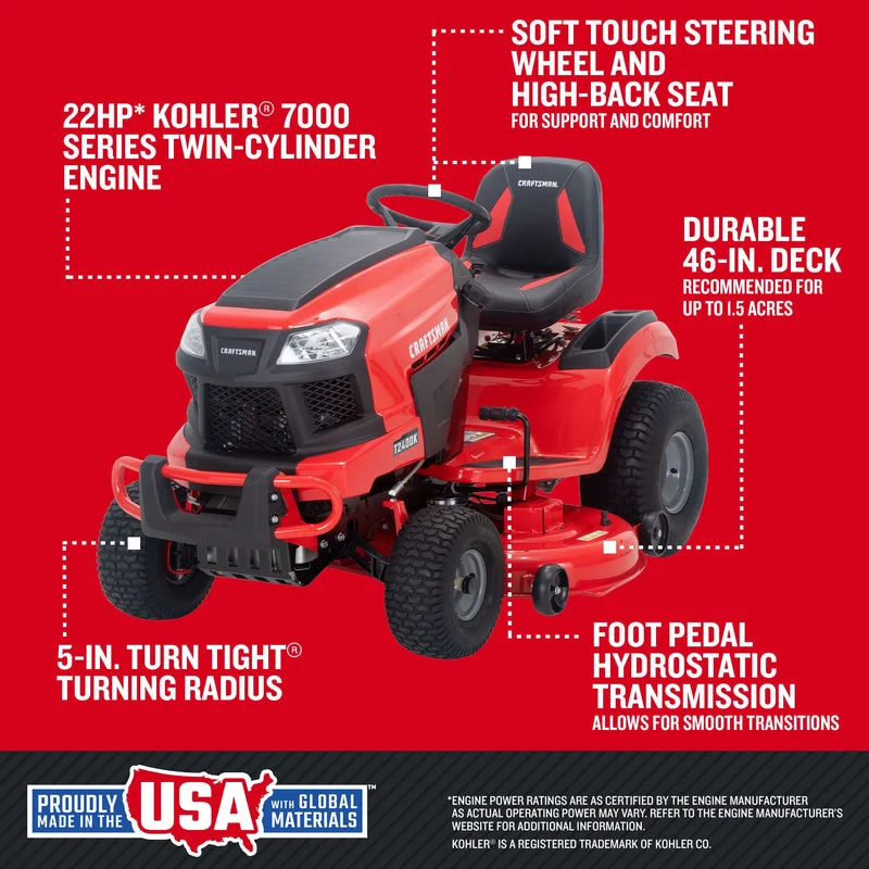 CRAFTSMAN T2400K | In-Store Exclusive | 46in 22HP TURN TIGHT Gas Riding Lawn Mower | KOHLER Twin-Cylinder 7000 Series Engine | Hydrostatic Transmission (Open Box) - Image 9